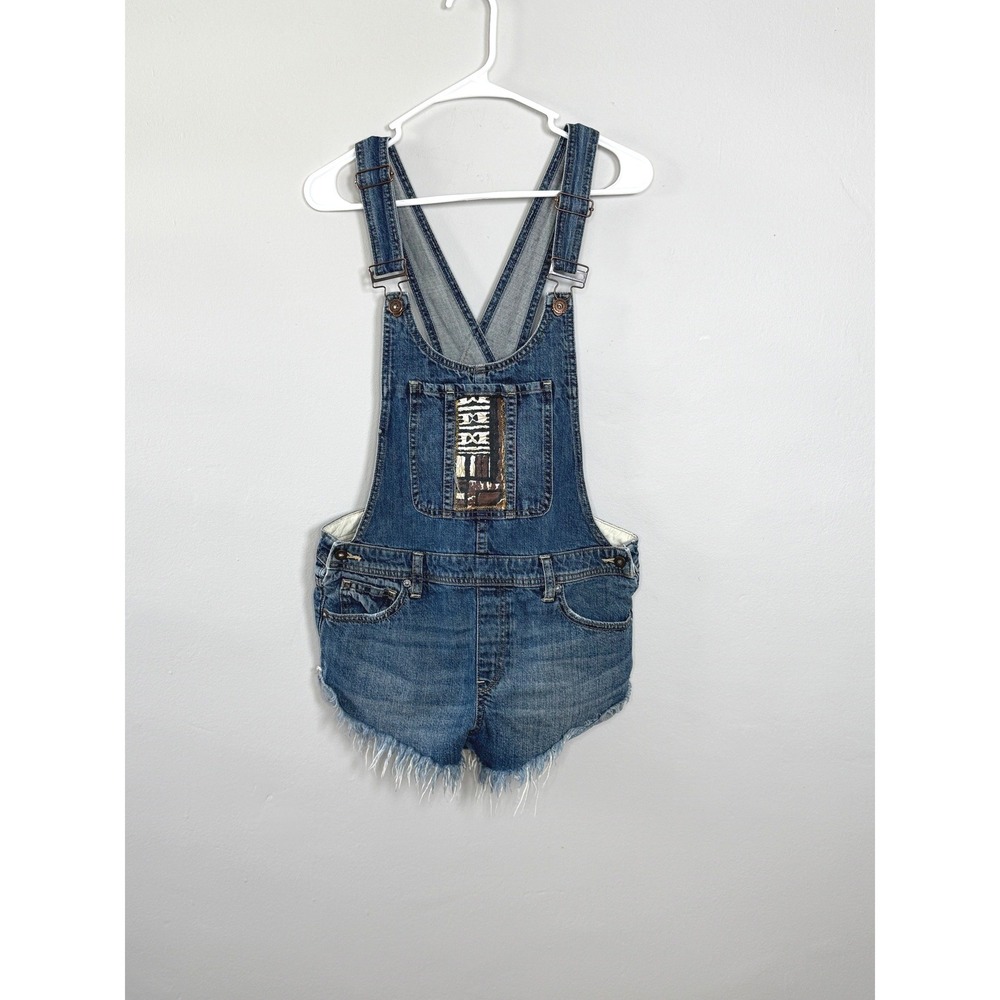 Free People We The Free Overalls Womens 27 Blue Boho Tribal Patch Shortalls Raw
